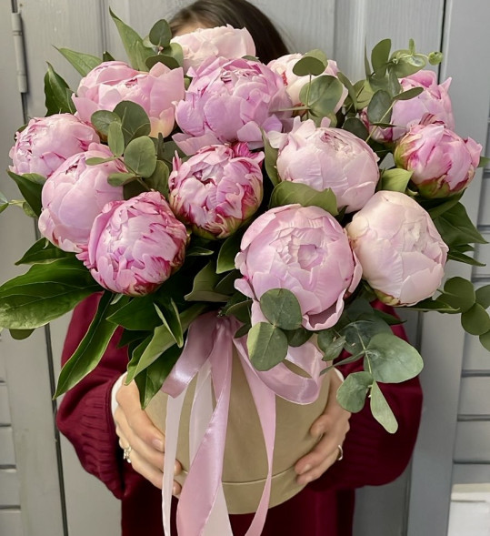 Пионы 13 шт. в шляпной коробке в Керчи