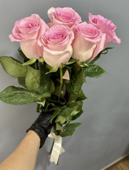 5 розовых роз, лента (Импортные) в Керчи