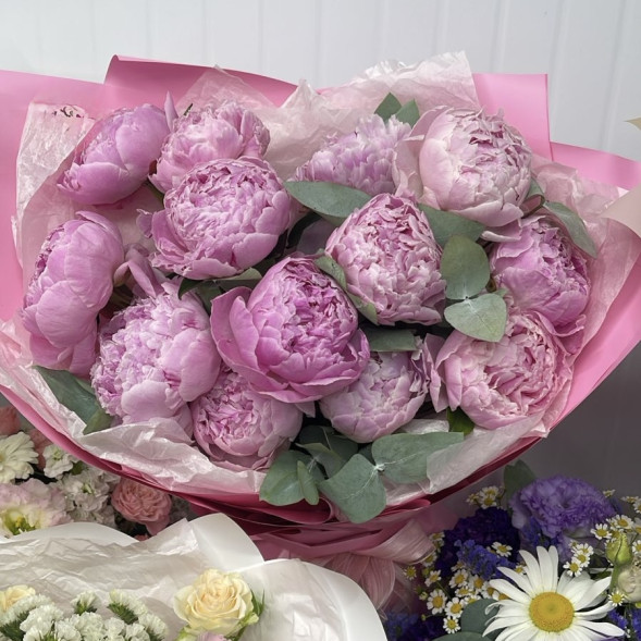 Букет 13 нежных пионов в упаковке в Керчи